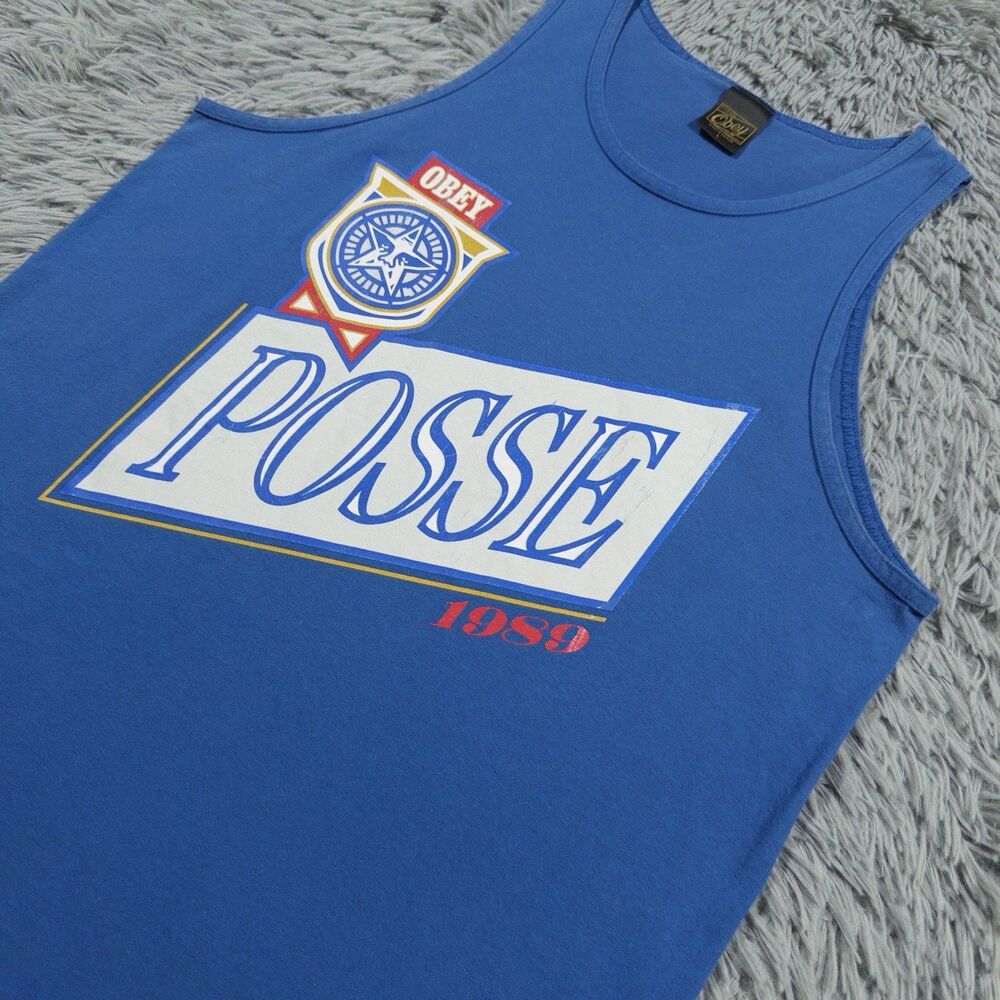 Obey Shirt Large Blue White Tank Top Posse Spellout Streetwear Pullover Tee Mens